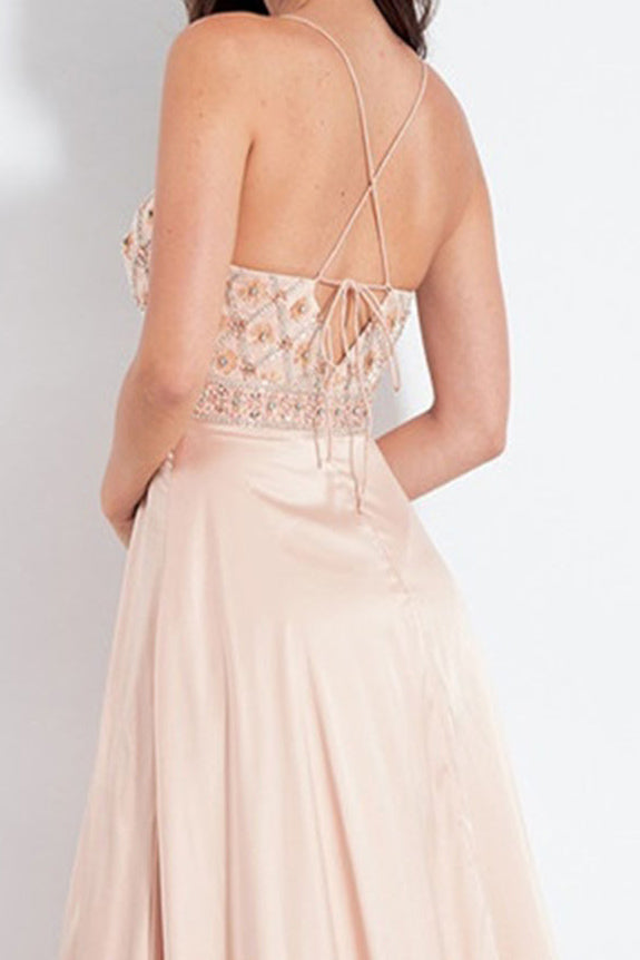 Pretty Blush Pink A-Line Spaghetti Straps V-neck Backless Front Split Elegant Beading Prom Dresses