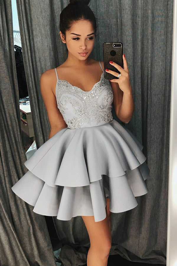 A-Line Spaghetti Straps Lace Short Layers Satin Homecoming Dresses