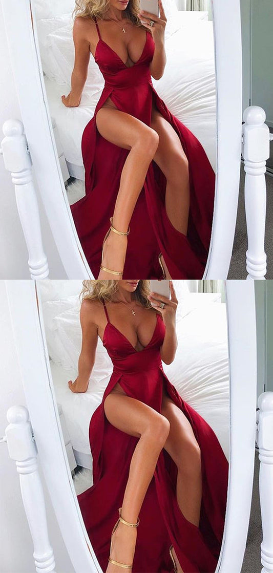 Luxury Red Spaghetti Straps V Neck With Split Side Prom Dresses