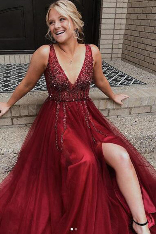 Sexy Burgundy School Dance Dresses Long Prom Dresses with Beading Popular