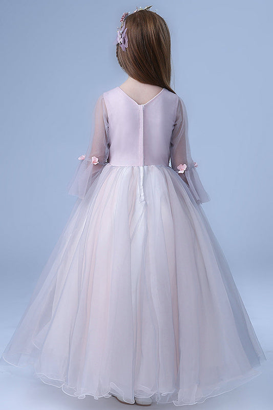 Cute V Neck Long Sleeves Tulle Floor Length A Line With Appliques Flower Girl Dresses