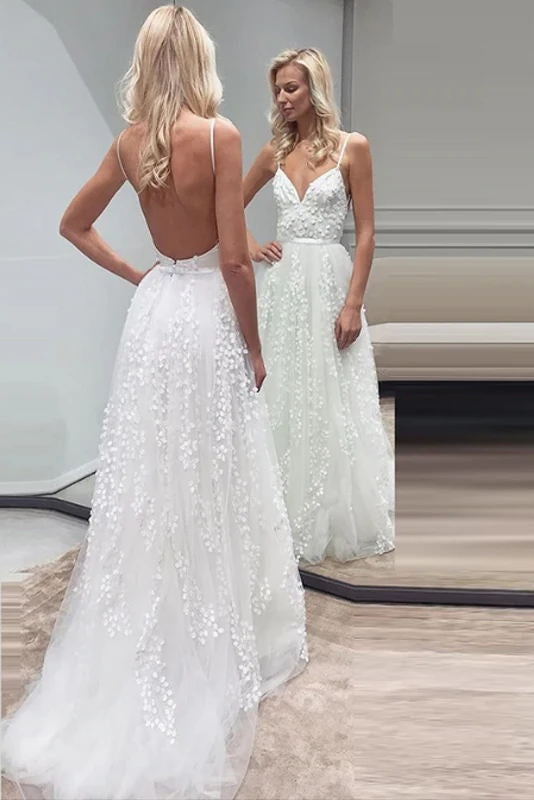 Spaghetti Straps Backless Long Zipper Back Beauty Wedding Dresses