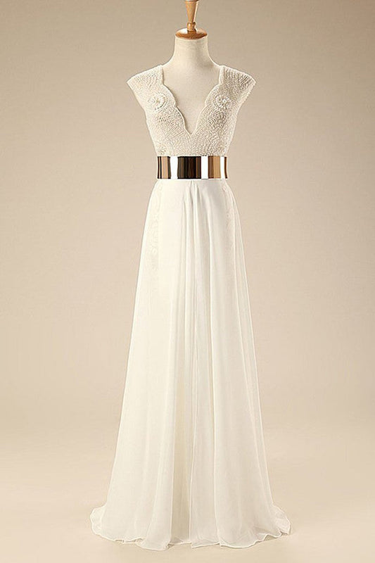 Deep V Neck Cap Sleeves White Chiffon Gold Belt Summer Beach Wedding Dresses