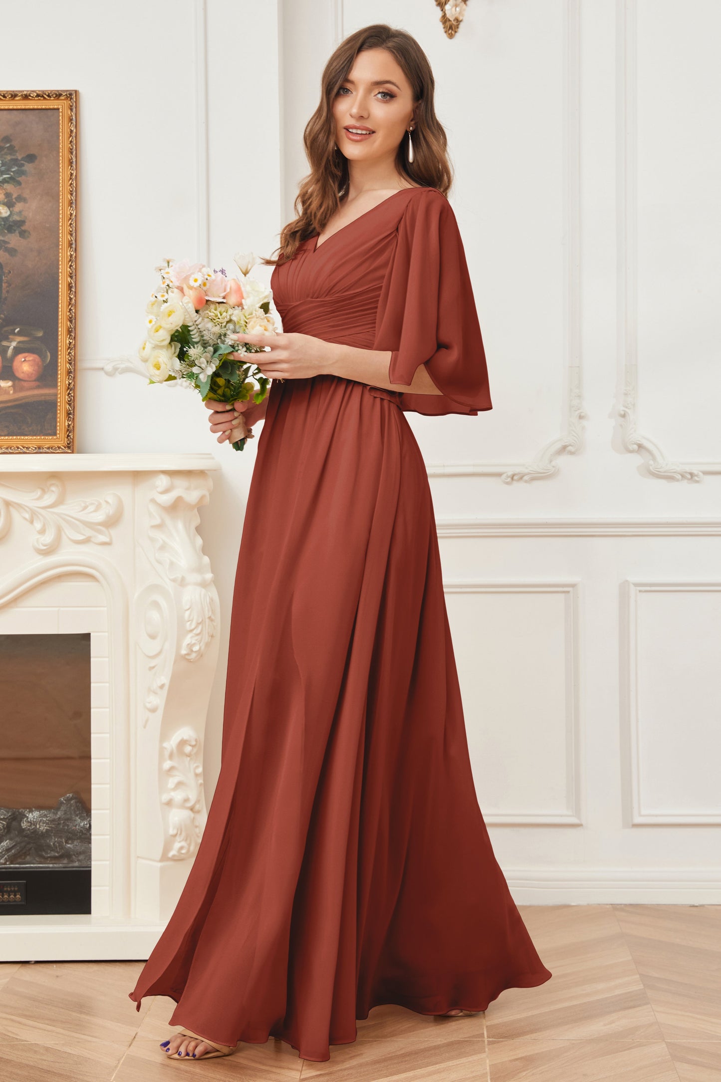 Half Sleeves V-neck Chiffon Bridesmaid Dresses