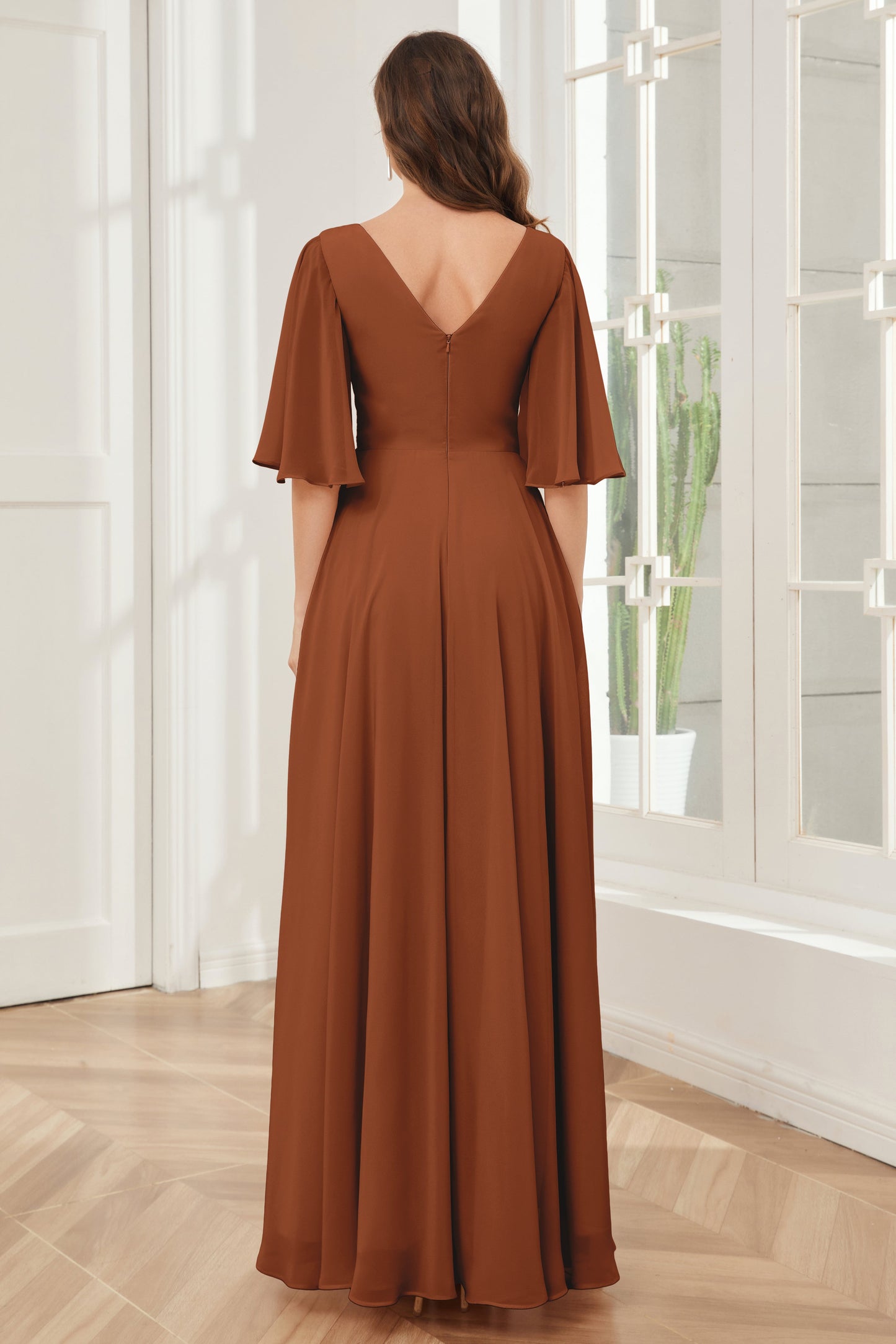 Half Sleeves V-neck Chiffon Bridesmaid Dresses