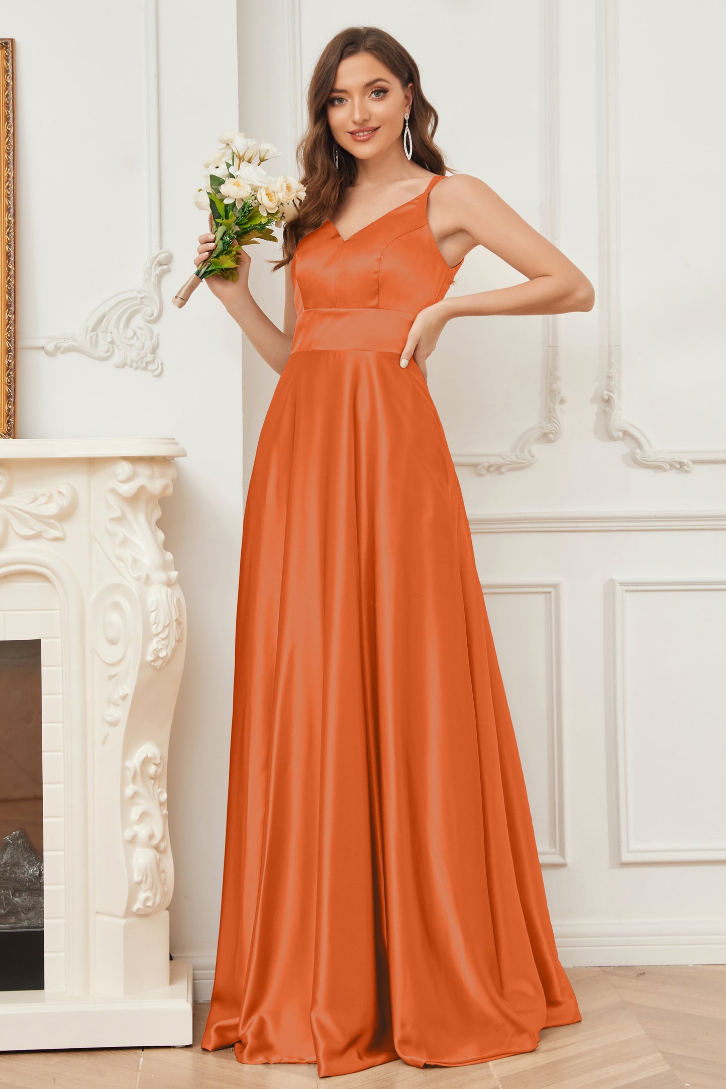 Spaghetti Straps V-neck Soft Satin Bridesmaid Dress