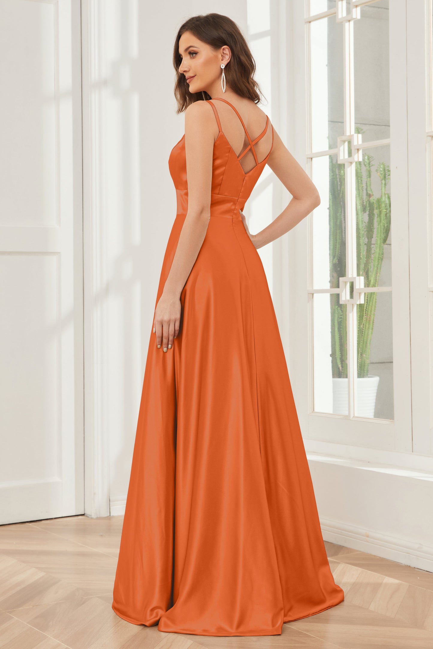 Spaghetti Straps V-neck Soft Satin Bridesmaid Dress