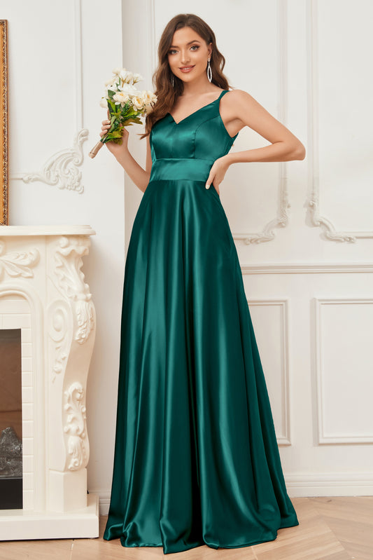 Spaghetti Straps V-neck Soft Satin Bridesmaid Dress