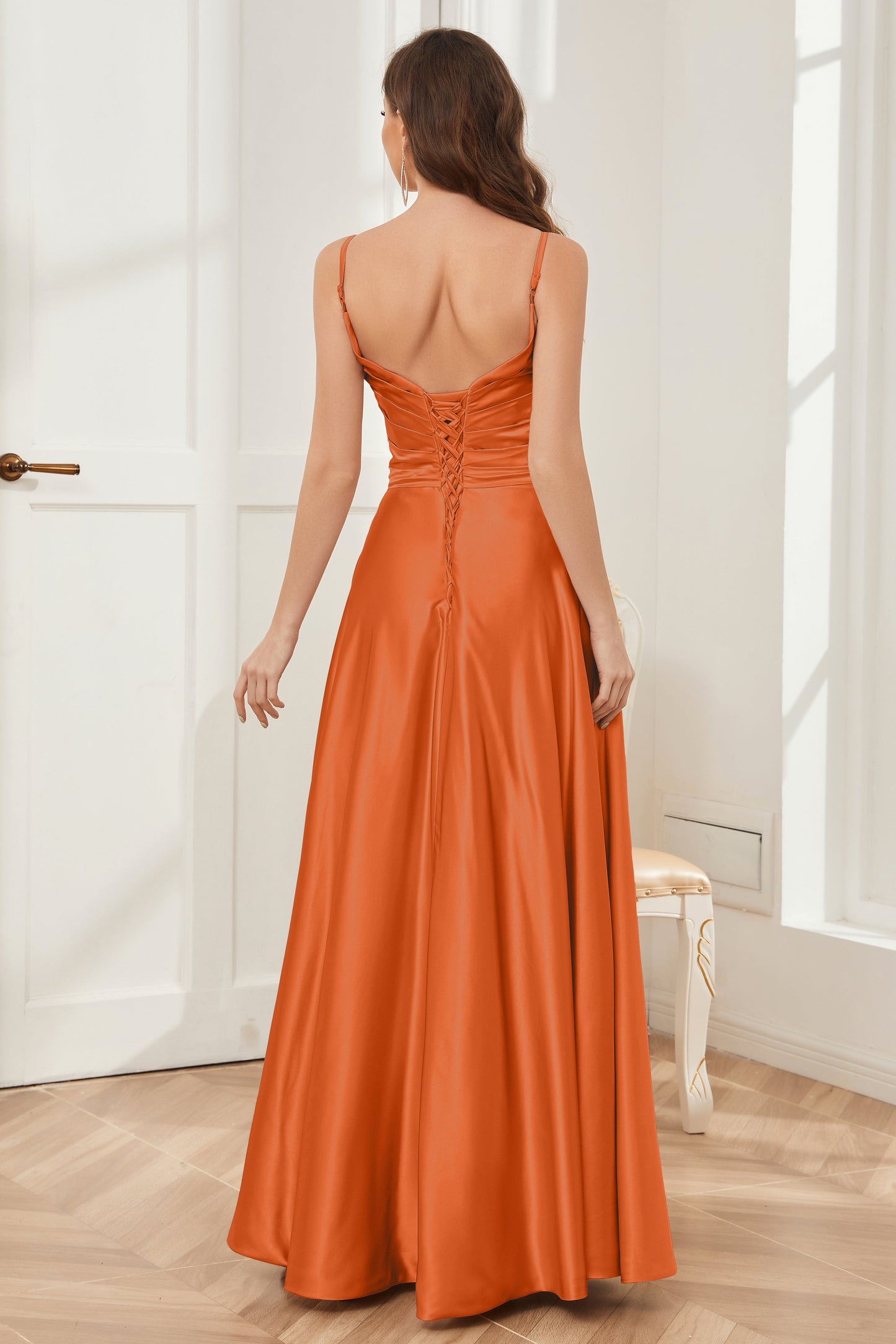 A-line V-neck Soft Satin Long Bridesmaid Dress with Pockets