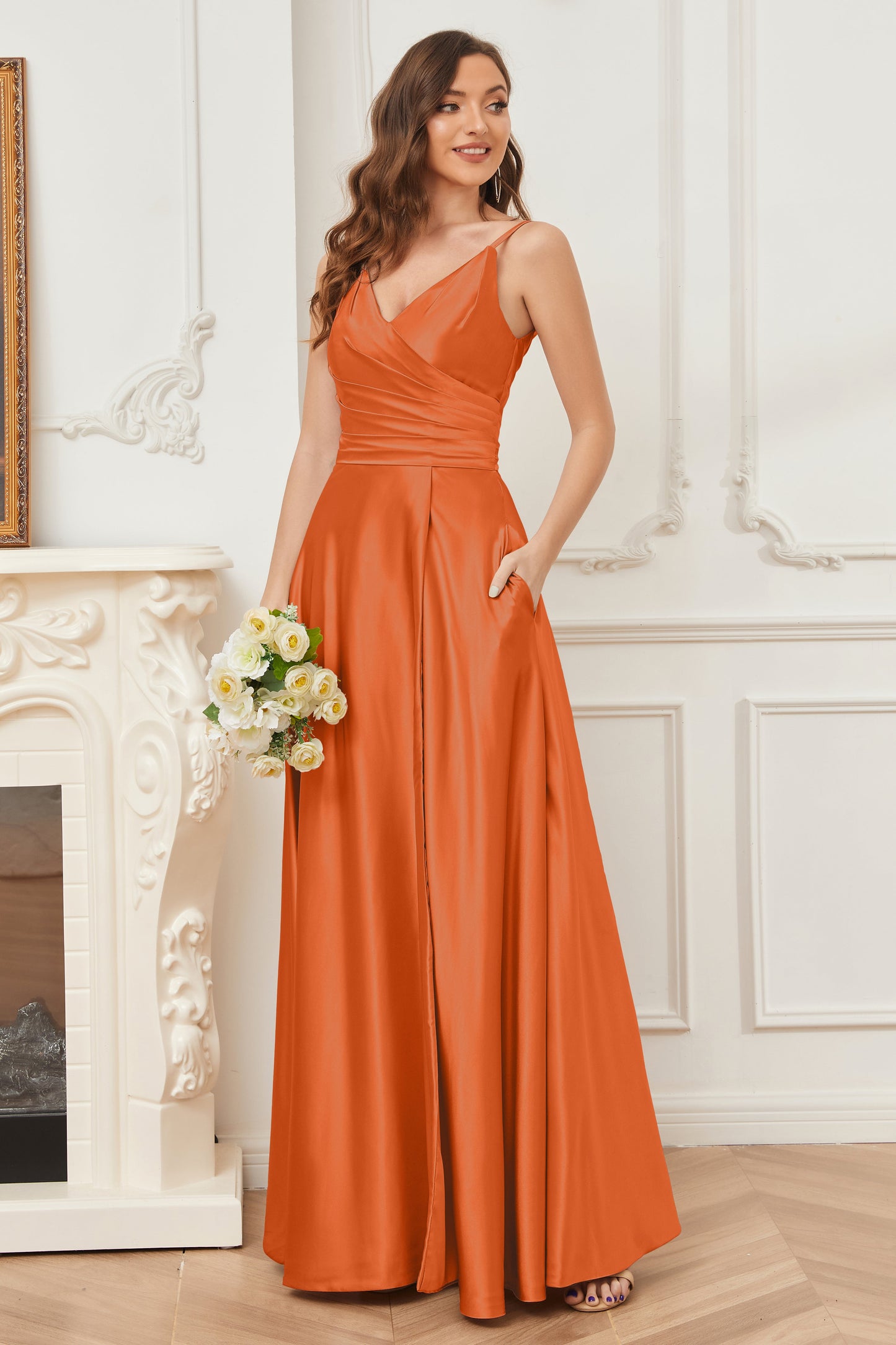 A-line V-neck Soft Satin Long Bridesmaid Dress with Pockets