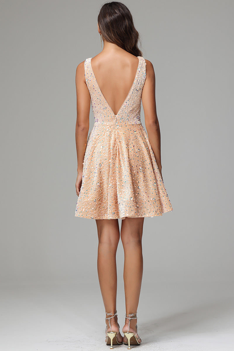 Champagne A Line V-neck Short Sequins Homecoming Dress