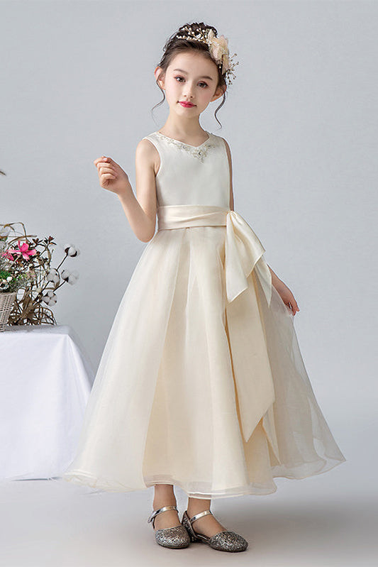 A Line Ivory Sleeveless Tulle Beaded Flower Girl Dresses