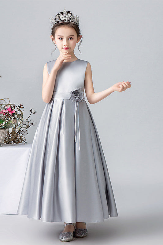 A Line Silver Sleeveless Flower Girl Dresses With Flower Belt