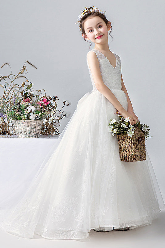 White V-Neck Sleeveless Mesh Flower Girl Dresses