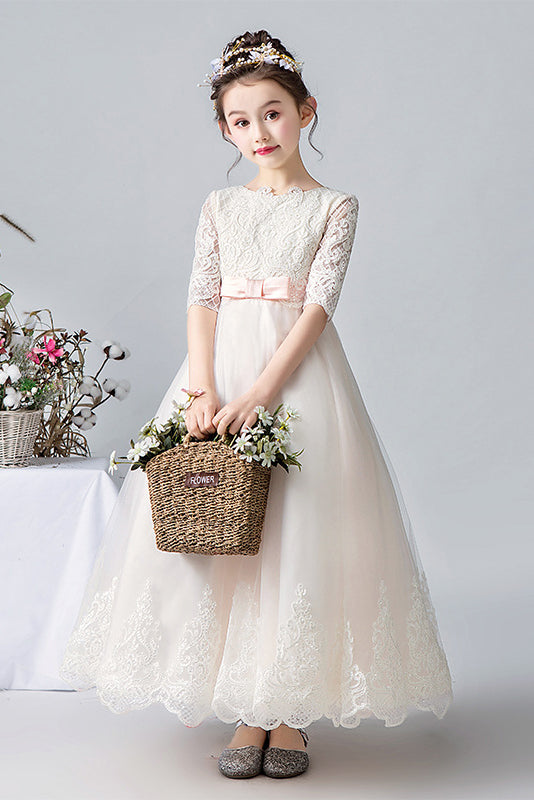 Elegant White Half Sleeves Lace Appliques Flower Girl Dresses