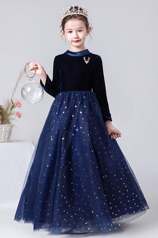 A Line Navy Blue Long Sleeves Star Tulle Flower Girl Dresses