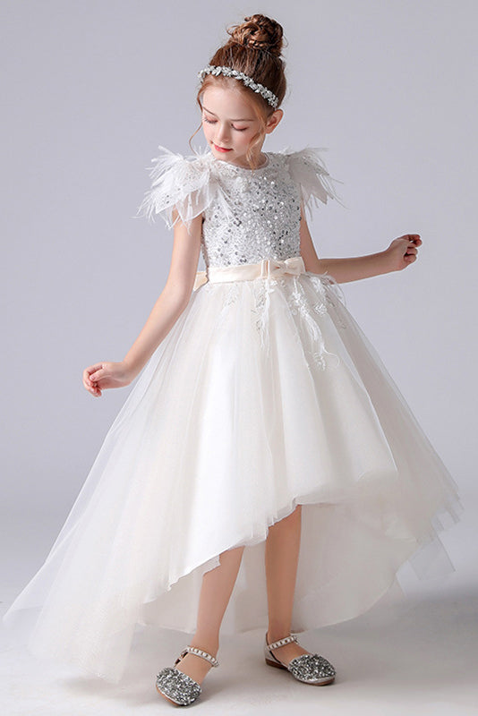 A- Line Cap Sleeve Hi-Low Tulle Beading Flower Girl Dresses