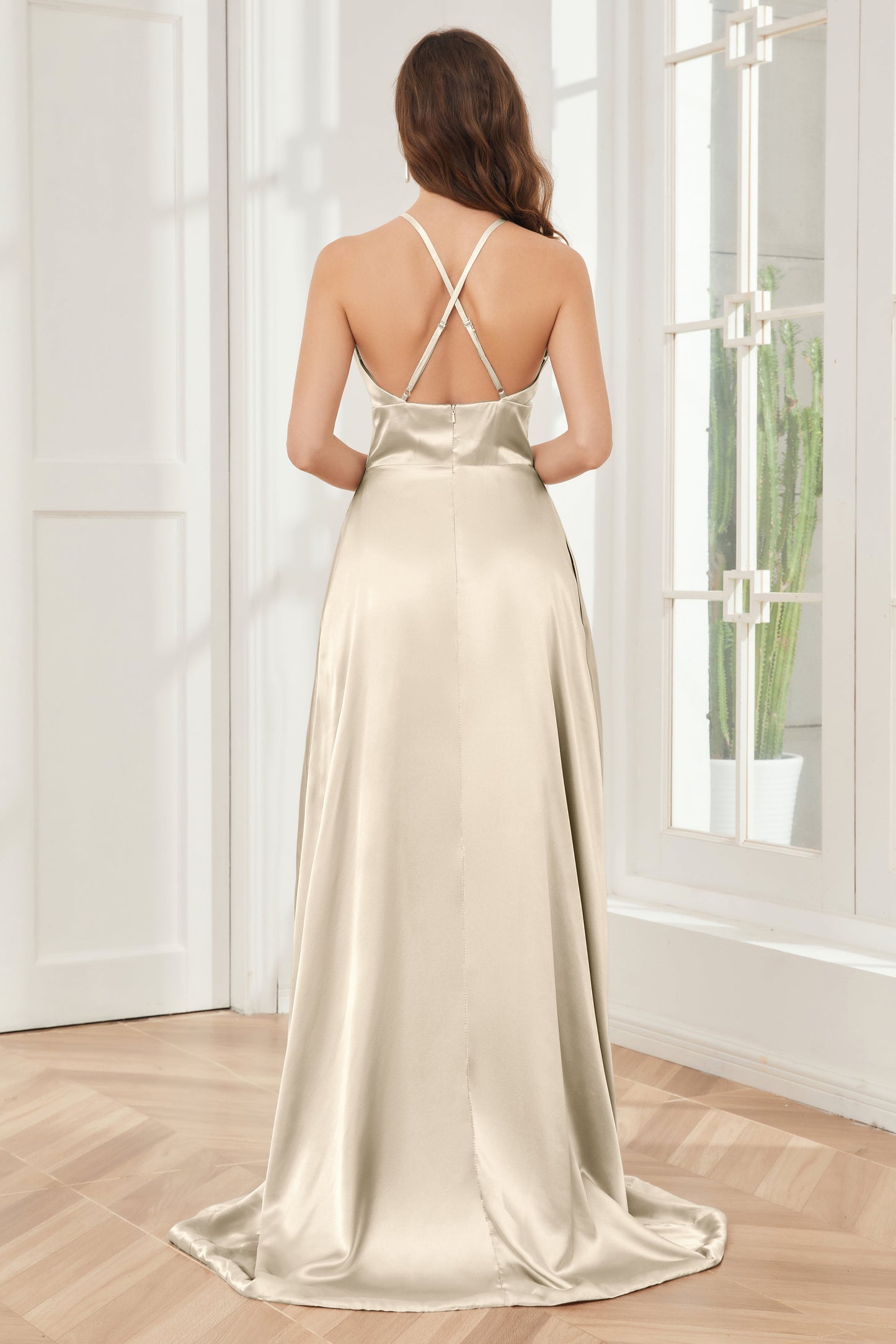 Column Halter Soft Satin Bridesmaid Dress with Pockets