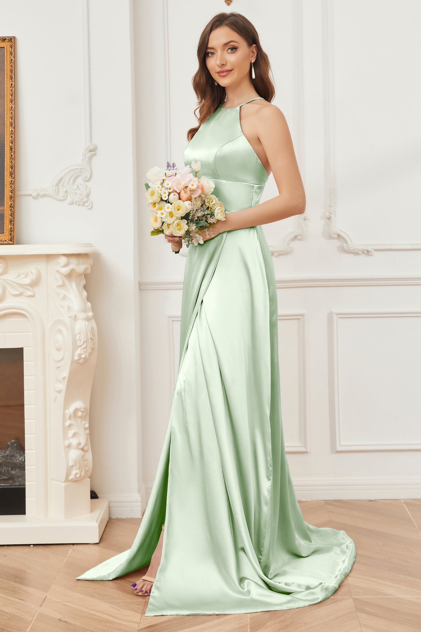 Column Halter Soft Satin Bridesmaid Dress with Pockets