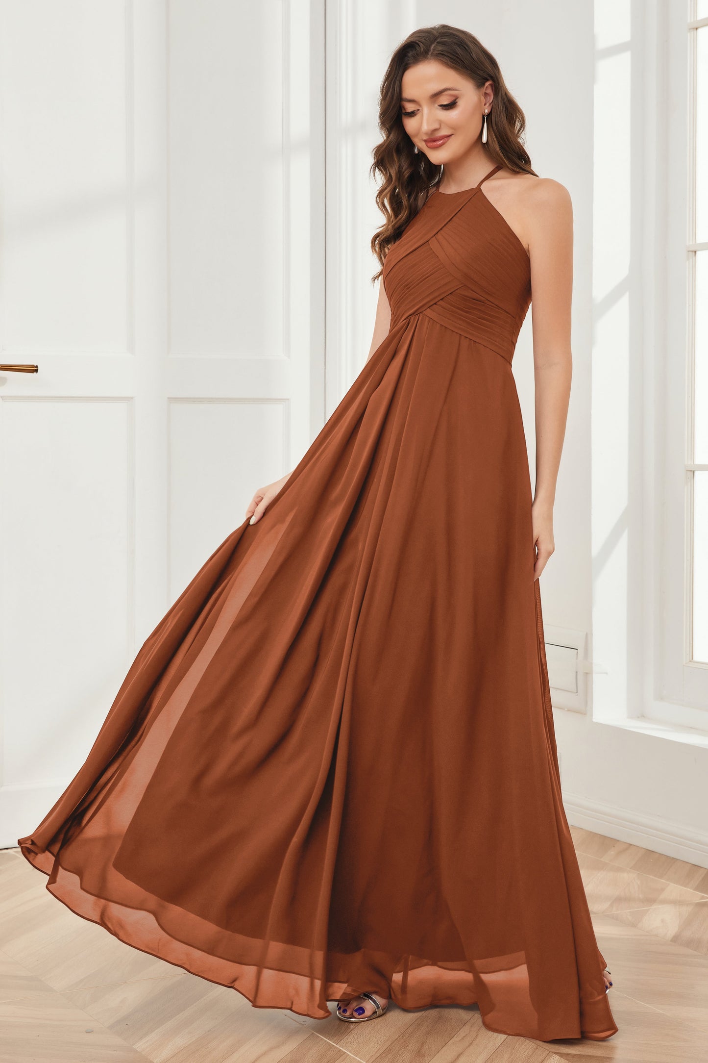 A-line Floor-length Halter Chiffon Bridesmaid Dresses