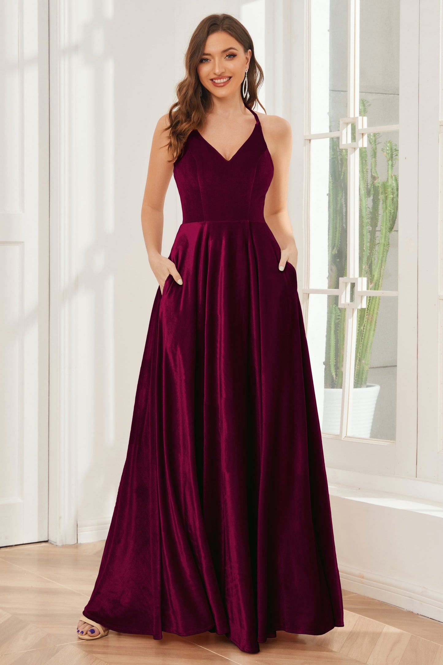 A-line Straps Velvet Bridesmaid Dresses with Slit