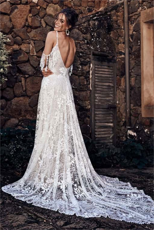 Ivory Bohemian Scoop Neckline Open Back Lace Wedding Dress