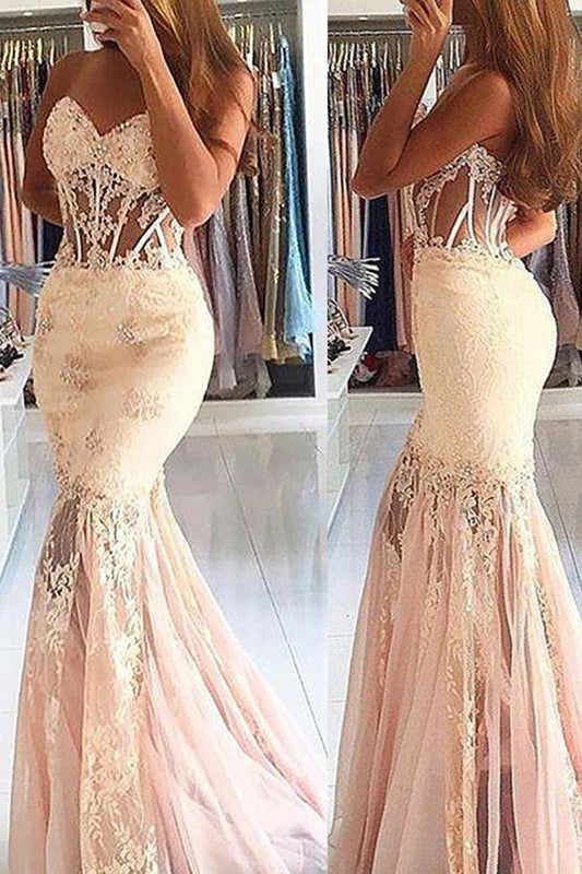 Tulle Mermaid Sleeveless Sweetheart Sweep Train Long Prom Dresses