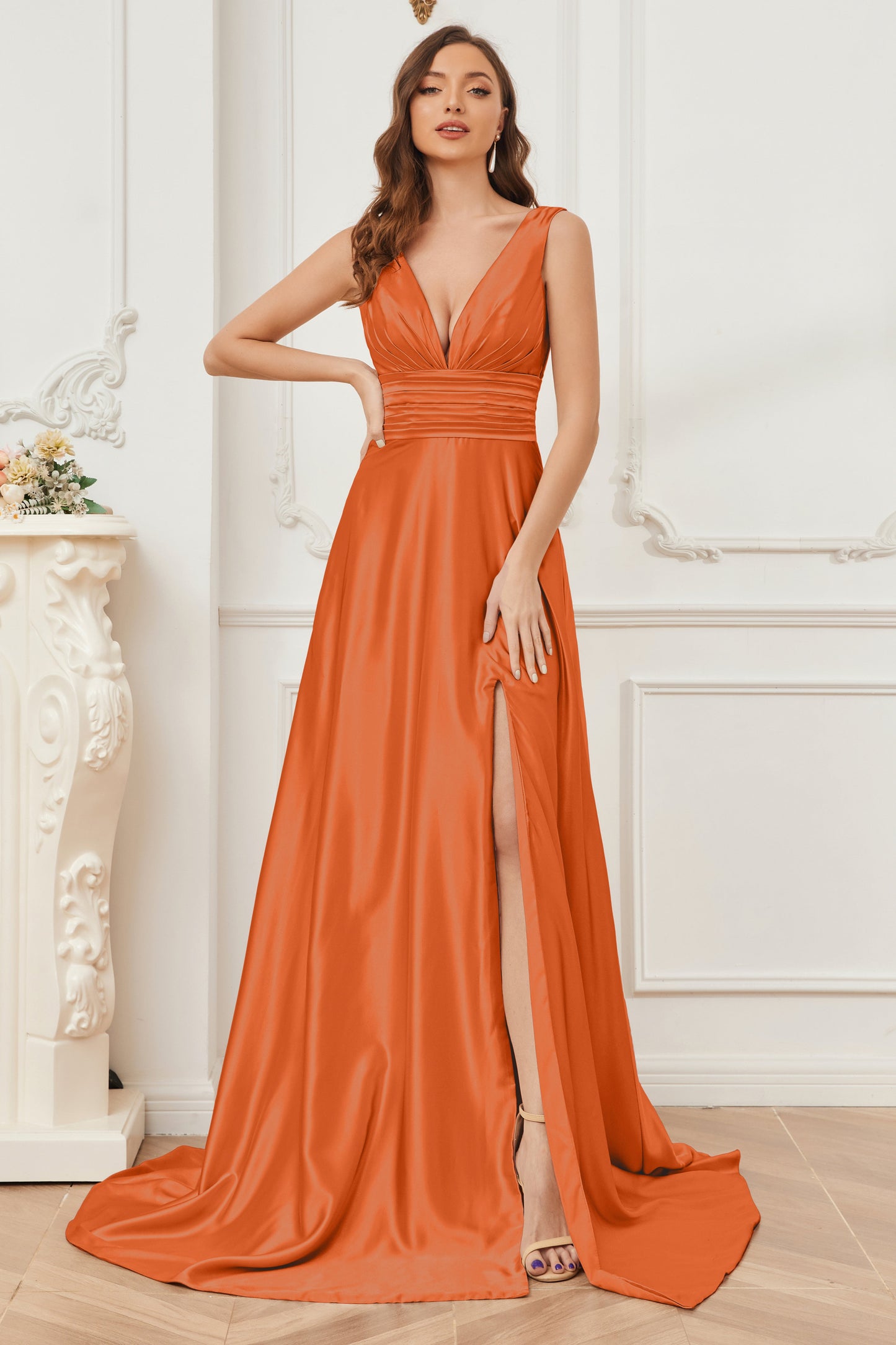 A-line V-neck Sleeveless Soft Satin Long Bridesmaid Dress