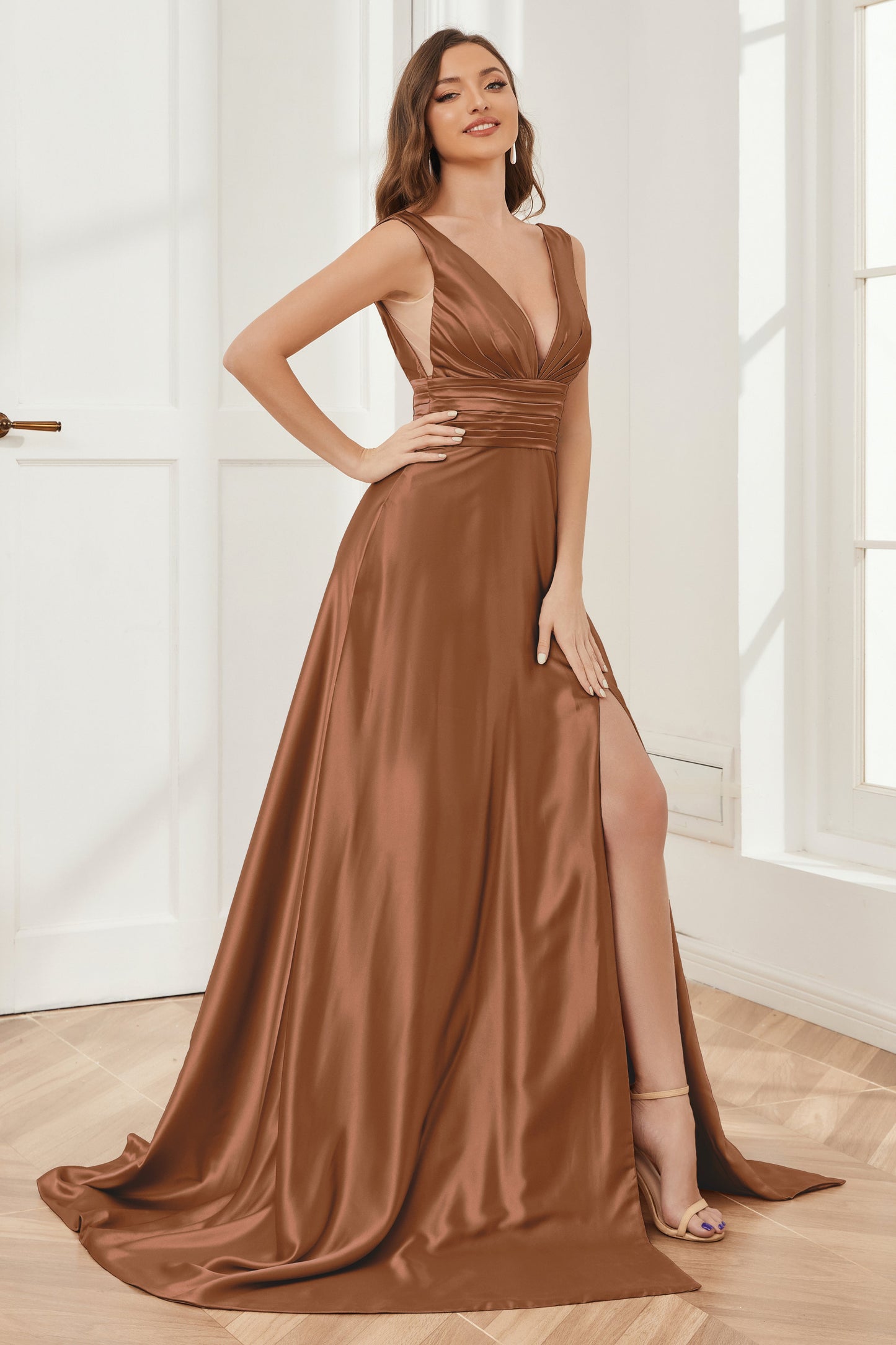 A-line V-neck Sleeveless Soft Satin Long Bridesmaid Dress