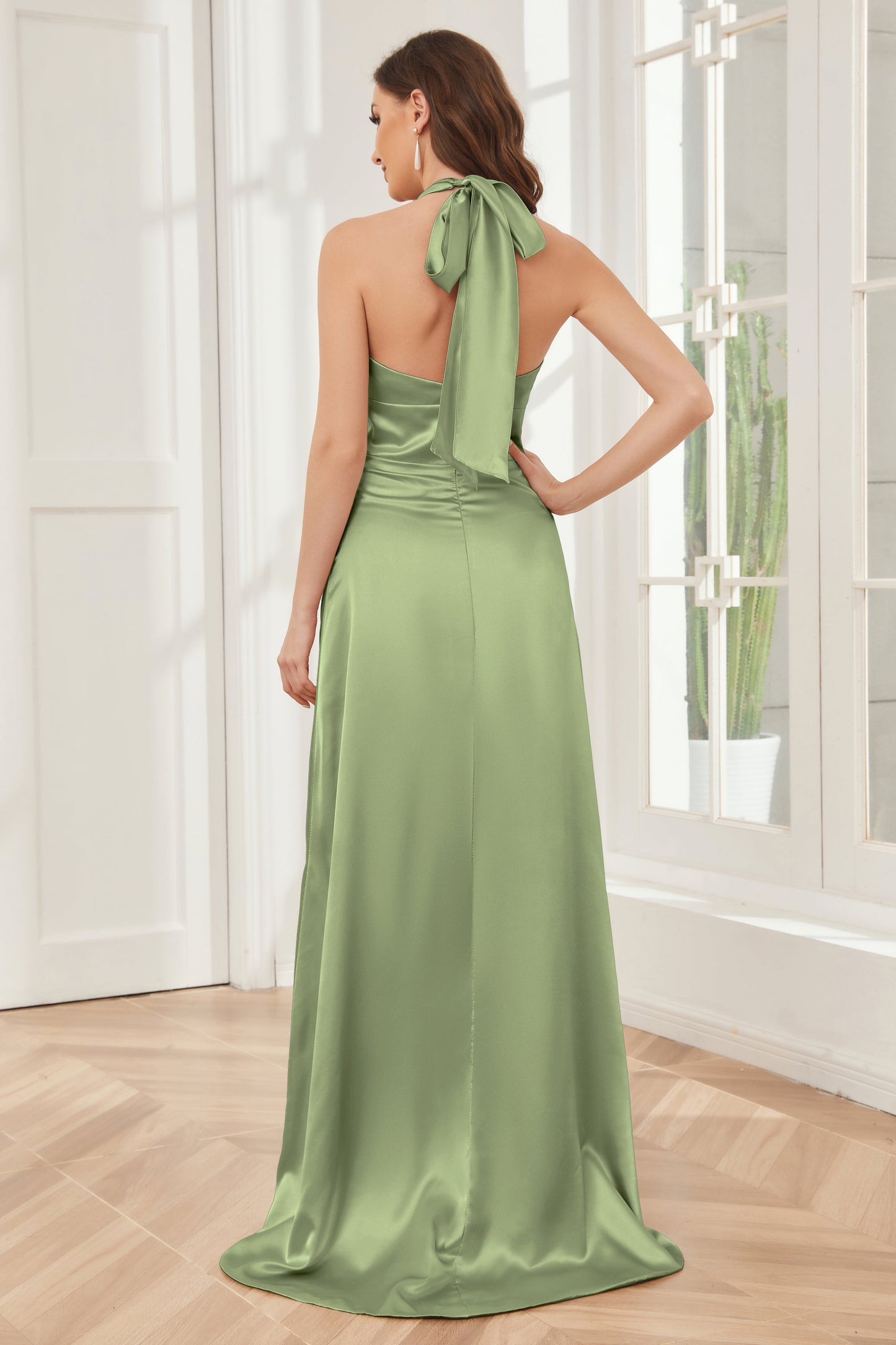 Sheath Halter Soft Satin Bridesmaid Dress with Slit