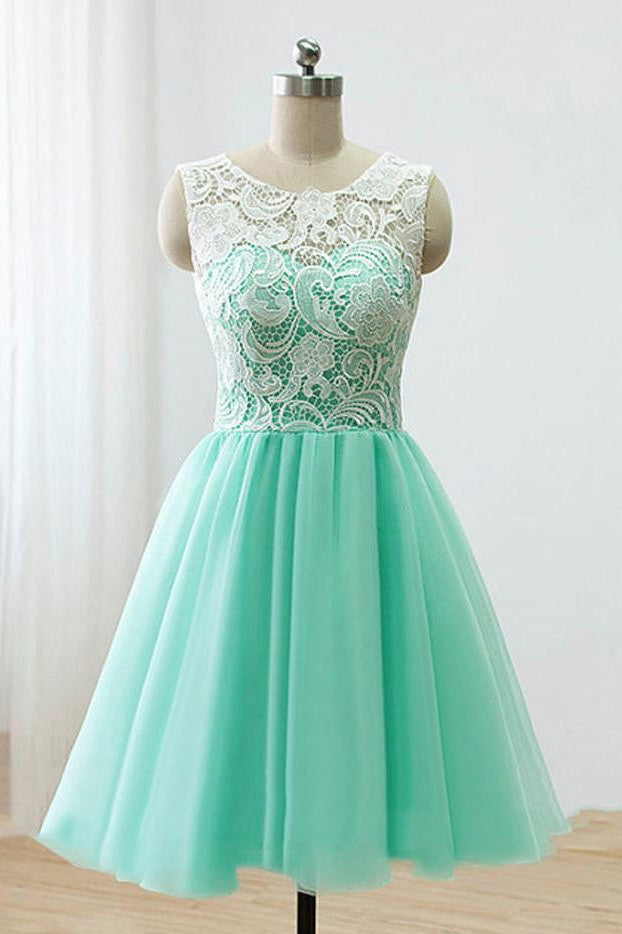 Modest Lace Top Mint Green Tulle Short Prom Homecoming Dresses