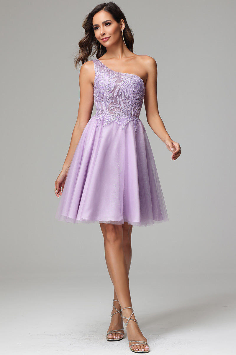 One Shoulder A-line Lilac Short Homecoming Dress with Appliques