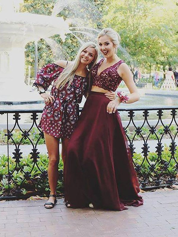 Red Chiffon A-Line Two Piece Sleeveless V-neck Floor-Length Long Prom Dresses with Lace