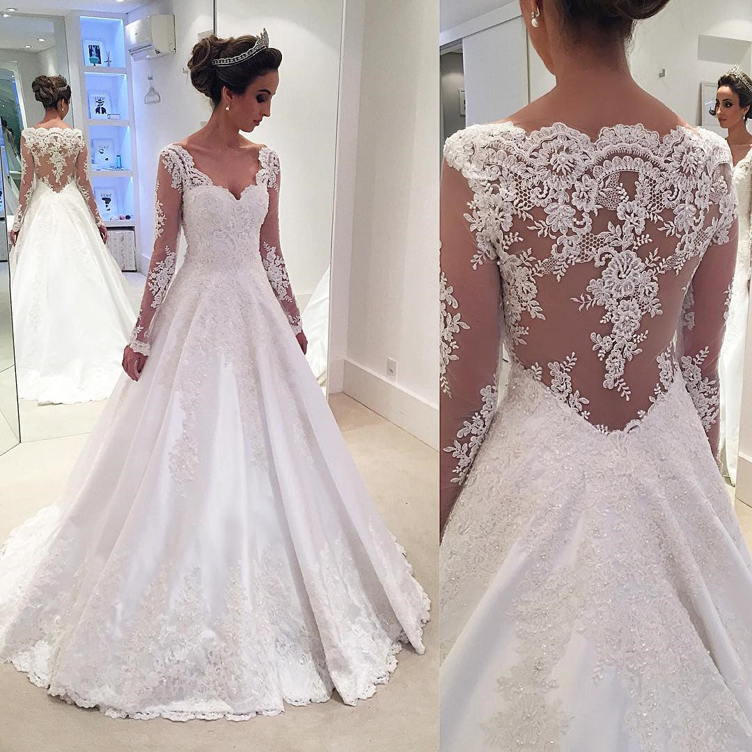 Unique Elegant V Neck Long Sleeves Ball Gown Satin Lace Modest Plus Size Wedding Dresses With Appliques