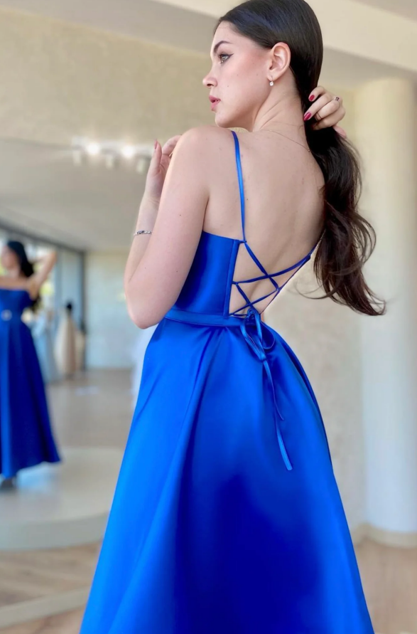 Royal Blue Satin A-Line Spaghetti Straps Formal Prom Dress