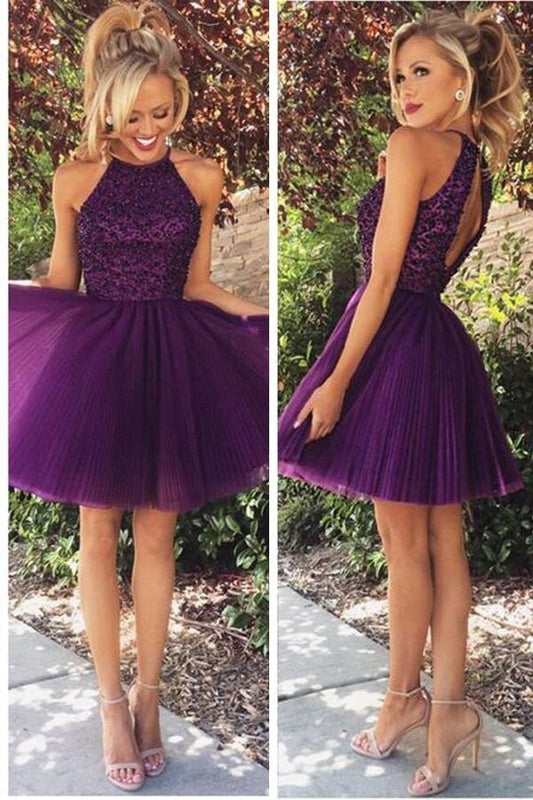 Purple Halter A-line Scoop Beaded Sleeveless Backless Short Homecoming Dresses