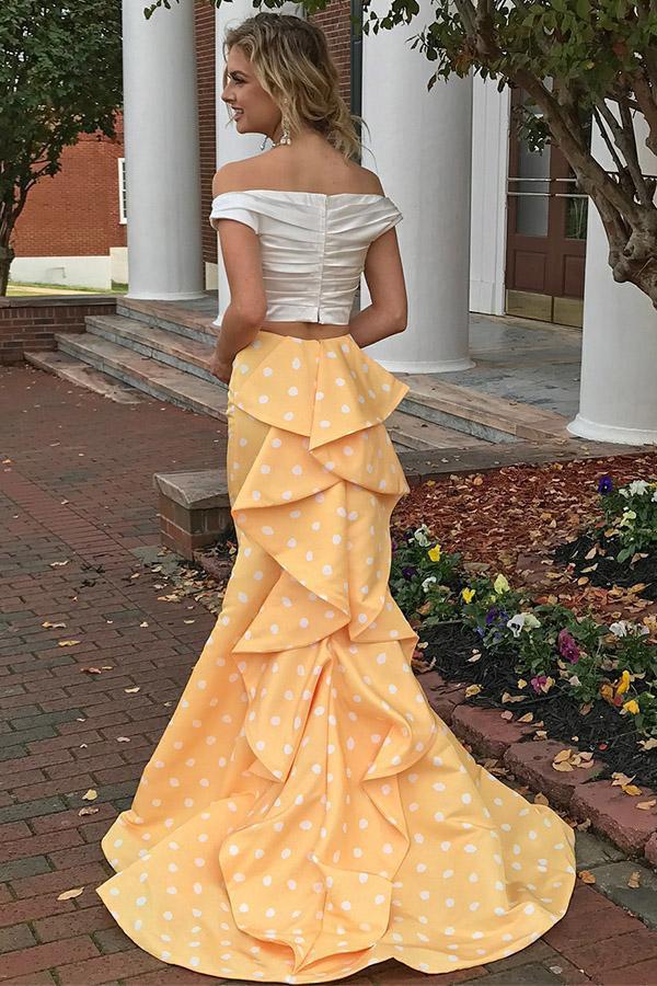 Cute Two Pieces Off Shoulder Sweetheart Prom Dresses Long Party Dresses