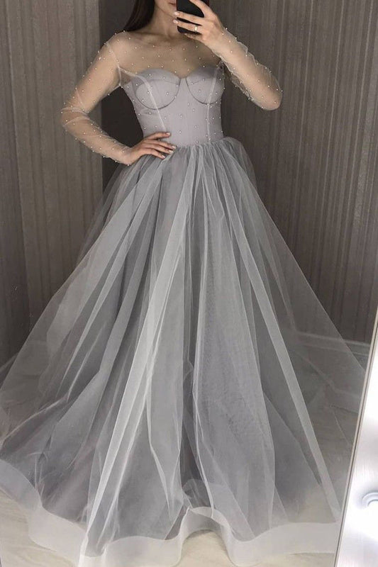 Long Sleeves Evening Dresses Grey A-Line Pearls Tulle Long Prom Dresses